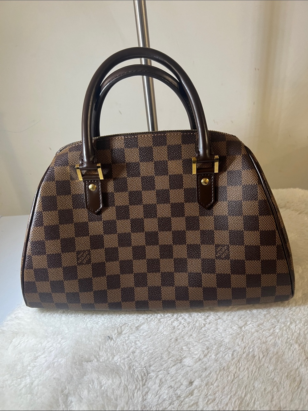 Louis Vuitton Brown Checkered Dome Satchel with Gold Hardware